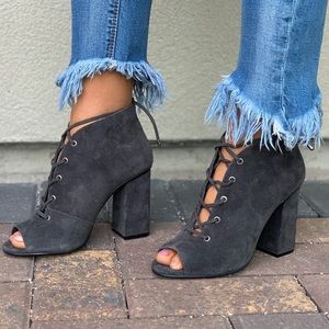 Distressed Denim Lace-Up Peep Toe Ankle Boots